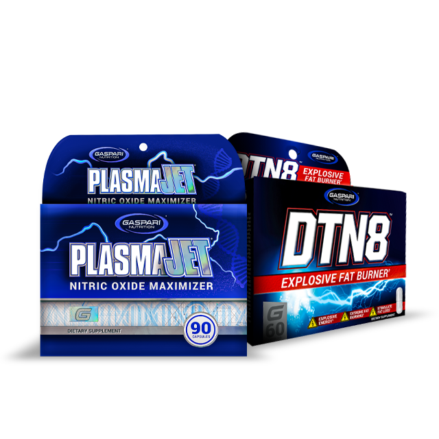 Gaspari Nutrition Pump & Burn Stack featuring PlasmaJet Nitric Oxide Maximizer and DTN8 Explosive Fat Burner supplement boxes, promoting enhanced workout performance and fat loss.