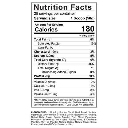 Nutrition facts label for Gaspari Nutrition Quick Meal, detailing serving size, calories, and macronutrient breakdown, including 25g protein, 4g total fat, and 17g carbohydrates.