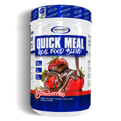 Container of Gaspari Nutrition Quick Meal Real Food Blend in chocolate-covered strawberries flavor, showcasing the same design as the front label with nutritional highlights.