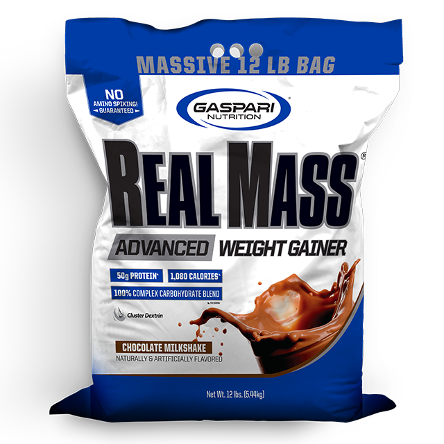 Gaspari Nutrition Real Mass Advanced Weight Gainer packaging in Chocolate Milkshake flavor, showcasing a 12 lb bag with nutritional highlights.