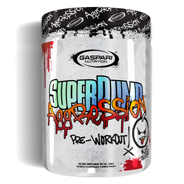 Gaspari Nutrition Super Pump Aggression pre-workout container with graffiti-style design and "Blood Orange" flavor.