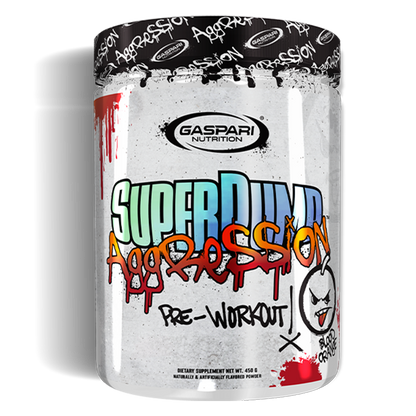 Gaspari Nutrition Super Pump Aggression pre-workout container with graffiti-style design and "Blood Orange" flavor.