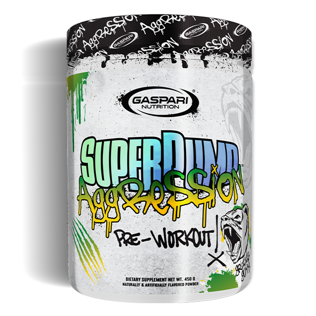 Gaspari Nutrition Super Pump Aggression pre-workout container with graffiti-style design and "Green Apple" flavor.
