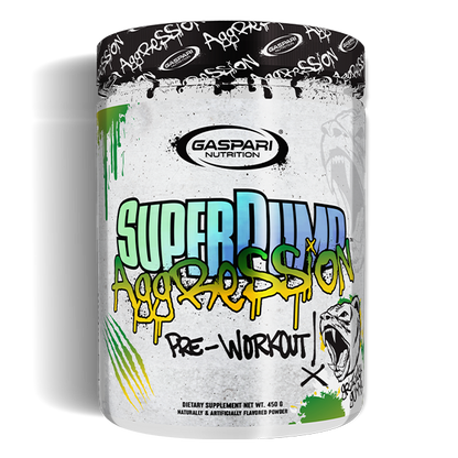 Gaspari Nutrition Super Pump Aggression pre-workout container with graffiti-style design and "Green Apple" flavor.