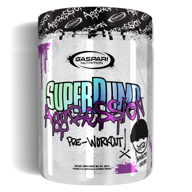 Gaspari Nutrition Super Pump Aggression pre-workout container with graffiti-style design and "Gangsta Grape" flavor.