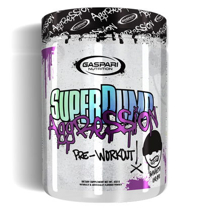 Gaspari Nutrition Super Pump Aggression pre-workout container with graffiti-style design and "Gangsta Grape" flavor.