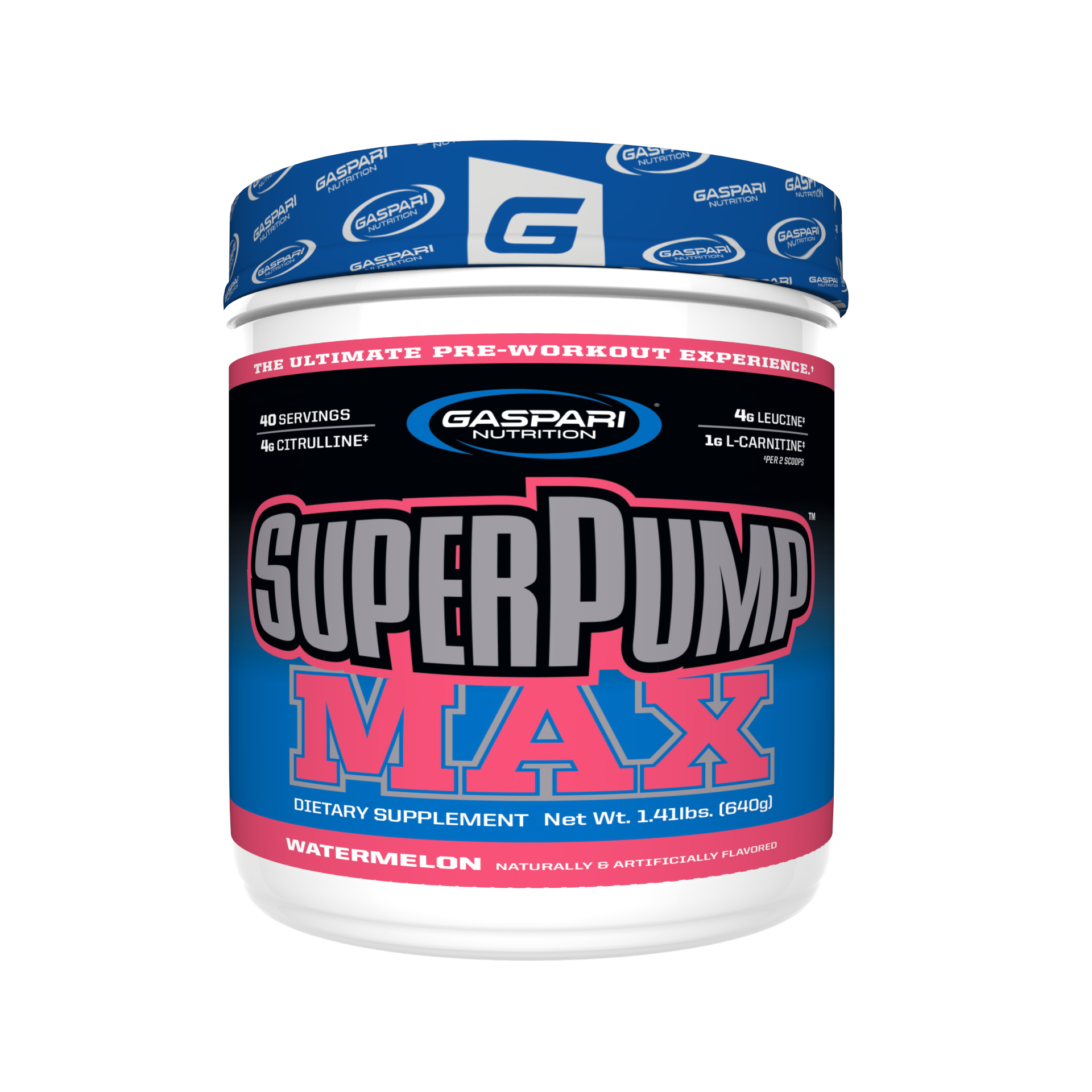 Gaspari Nutrition SuperPump Max Watermelon flavor pre-workout supplement container with 40 servings, featuring bold branding.