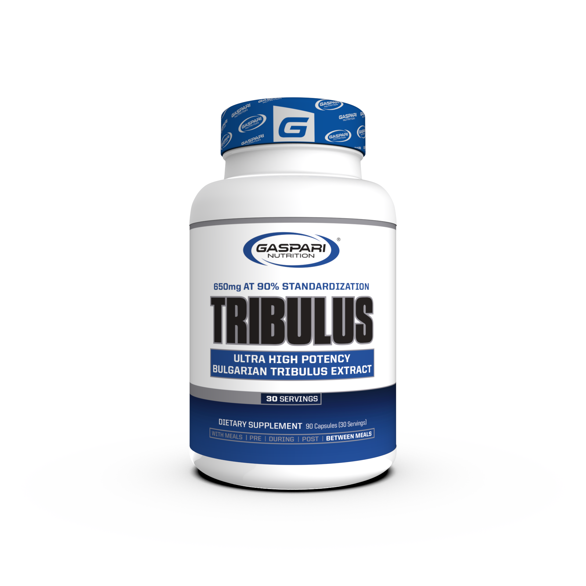Gaspari Nutrition Tribulus supplement bottle featuring a blue and white design, labeled with '650mg at 90% Standardization' and 'Ultra High Potency Bulgarian Tribulus Extract'. The bottle contains 90 capsules and highlights dietary supplement information.