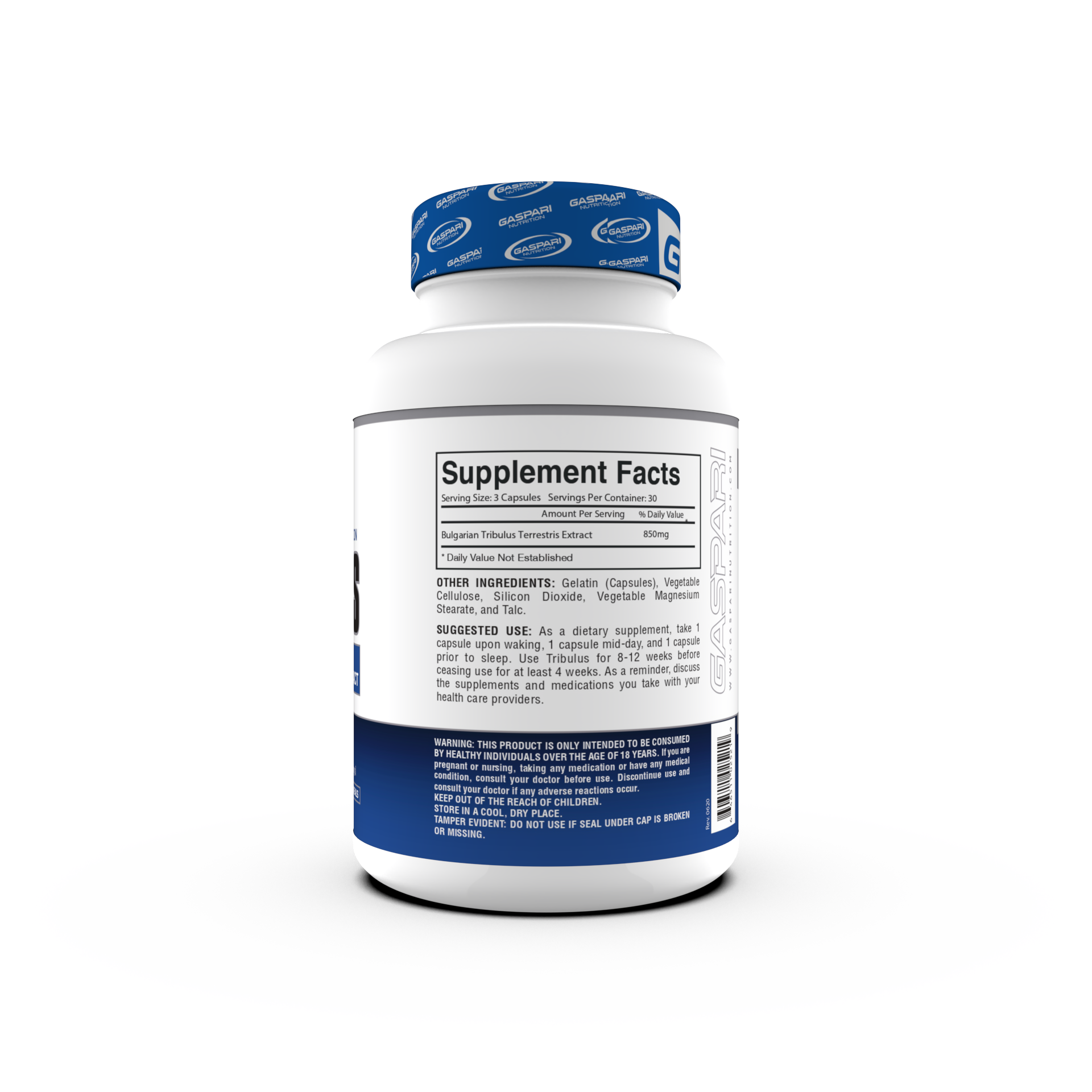 Gaspari Nutrition Tribulus supplement bottle featuring a blue and white design, labeled with '650mg at 90% Standardization' and 'Ultra High Potency Bulgarian Tribulus Extract'. The bottle contains 90 capsules and highlights dietary supplement information.
