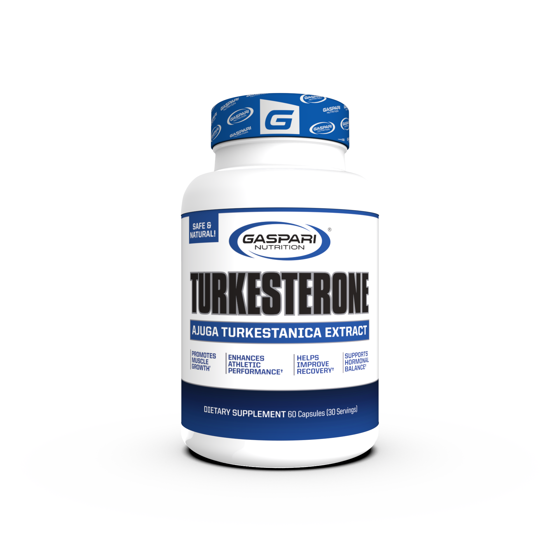 Gaspari Nutrition Turkesterone supplement bottle showcasing Ajuga Turkestanica Extract, promoting muscle growth and athletic performance.