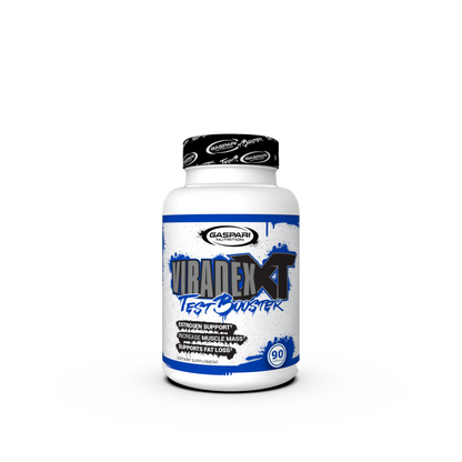 Viradex XT Test Booster bottle from Gaspari Nutrition. Front view showing the branding, key features like 'Estrogen Support' and 'Increase Muscle Mass'.