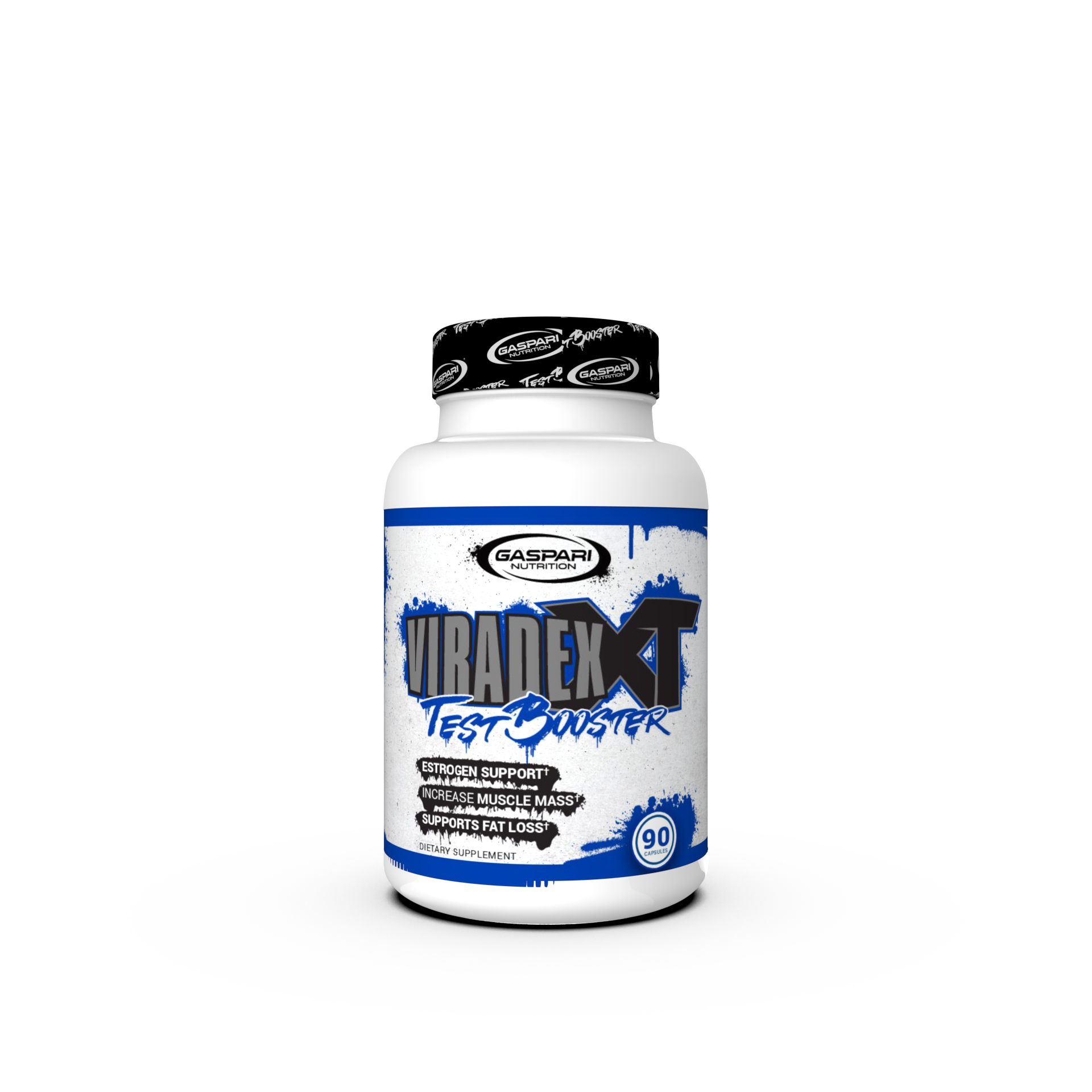 Viradex XT Test Booster bottle from Gaspari Nutrition. Front view showing the branding, key features like 'Estrogen Support' and 'Increase Muscle Mass'.