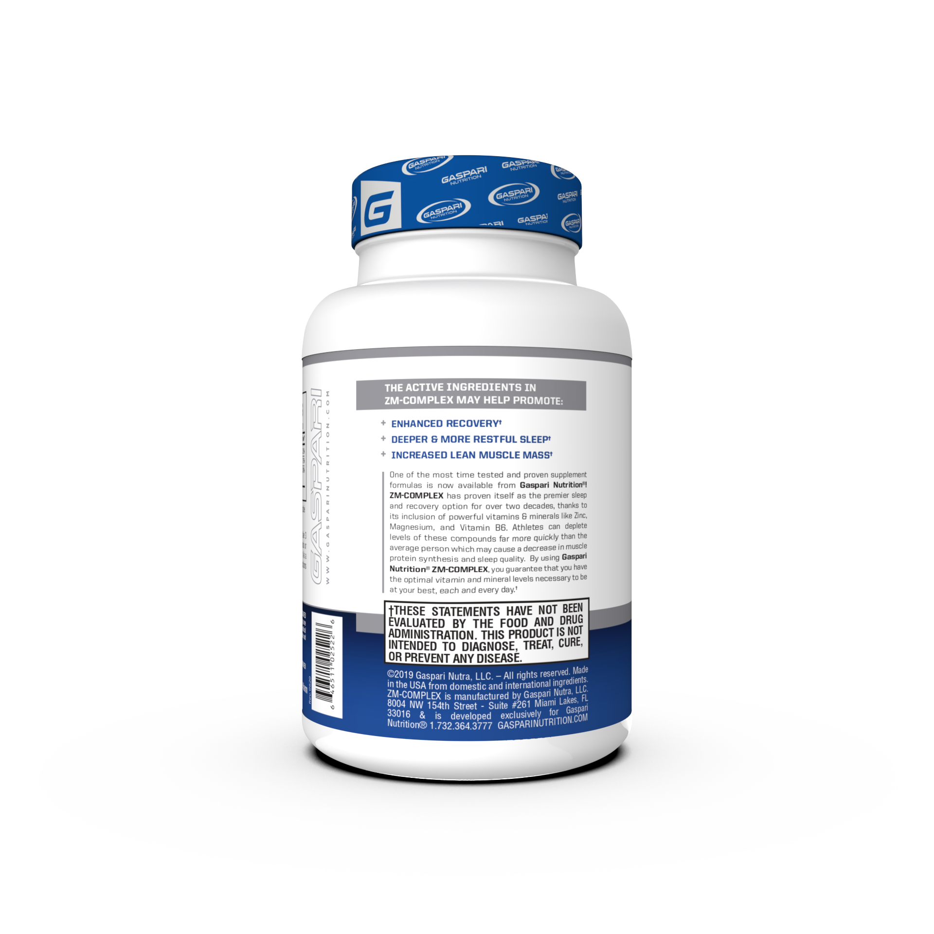 Container of Gaspari Nutrition ZM-COMPLEX dietary supplement for nighttime recovery support, featuring a blue and white design with details about Zinc Magnesium Complex and serving suggestions.