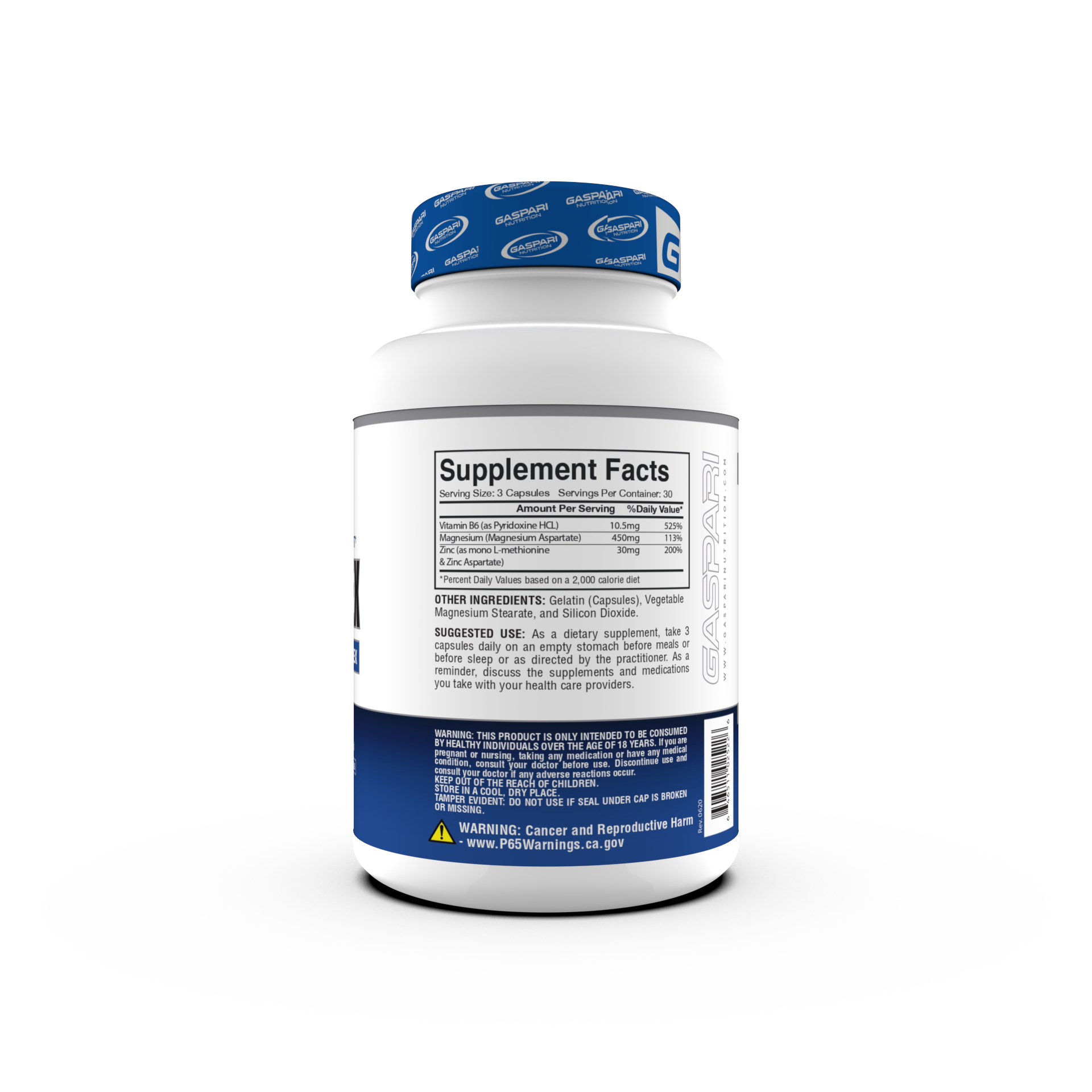 Container of Gaspari Nutrition ZM-COMPLEX dietary supplement for nighttime recovery support, featuring a blue and white design with details about Zinc Magnesium Complex and serving suggestions.